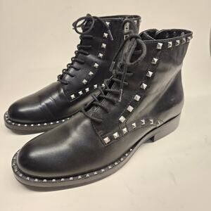 ASH Studded Black Leather WhyNot Combat Boots Side Zipper, Size 38, US 7.5-8